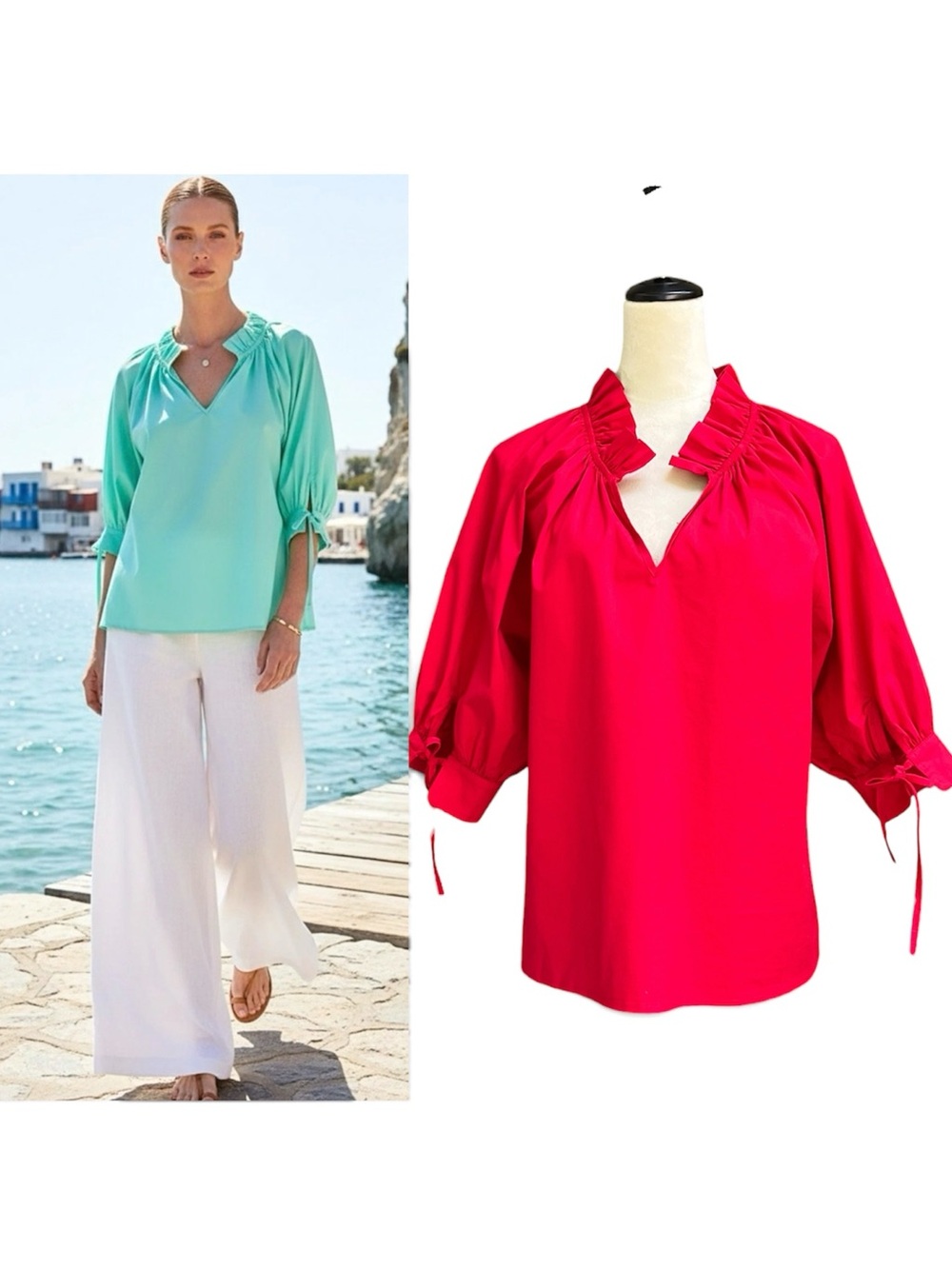 Sofia Collections (Made in Italy) Eloise Ruffle Cotton Poplin Top in Red OS